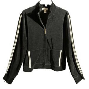 St. John Sport Velvet Track Jacket Logo Stripes Velour VTG Women's Medium Black